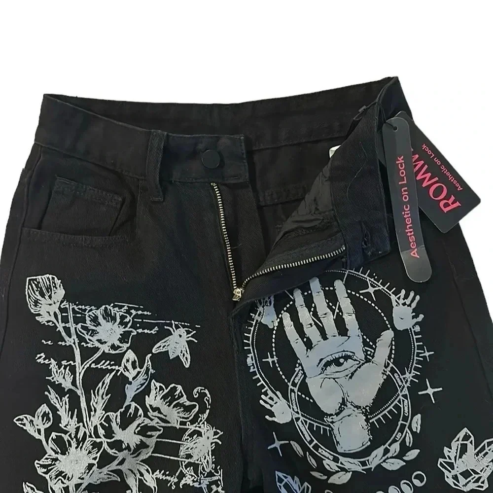 ROMWE Women’s Grafitti Print Wide Leg Ankle Jeans Size 2 Casual Distressed Retro - Picture 5 of 8